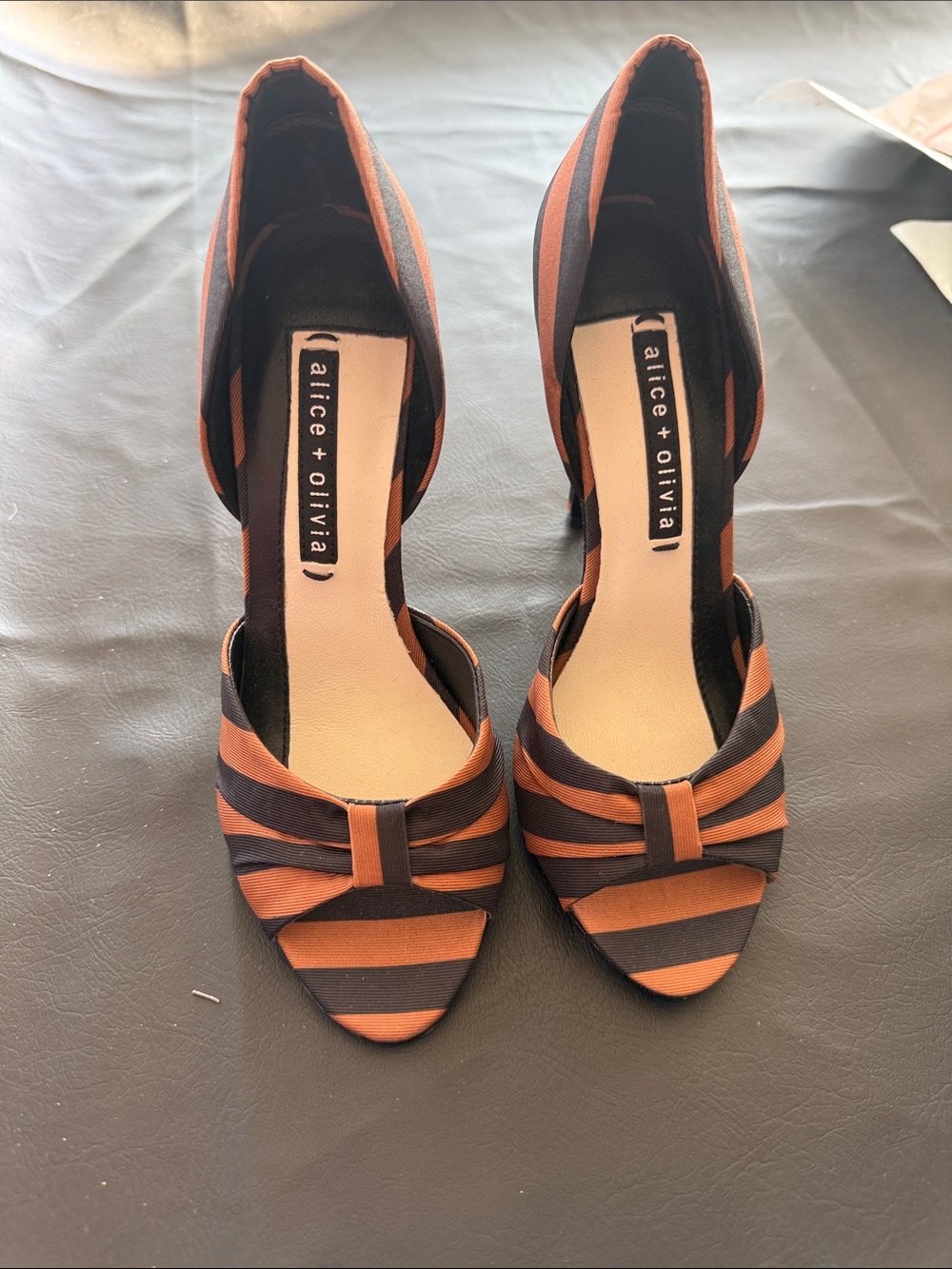 Alice + Olivia Black and Brown Striped Peep-Toe Heels with Bow Accent